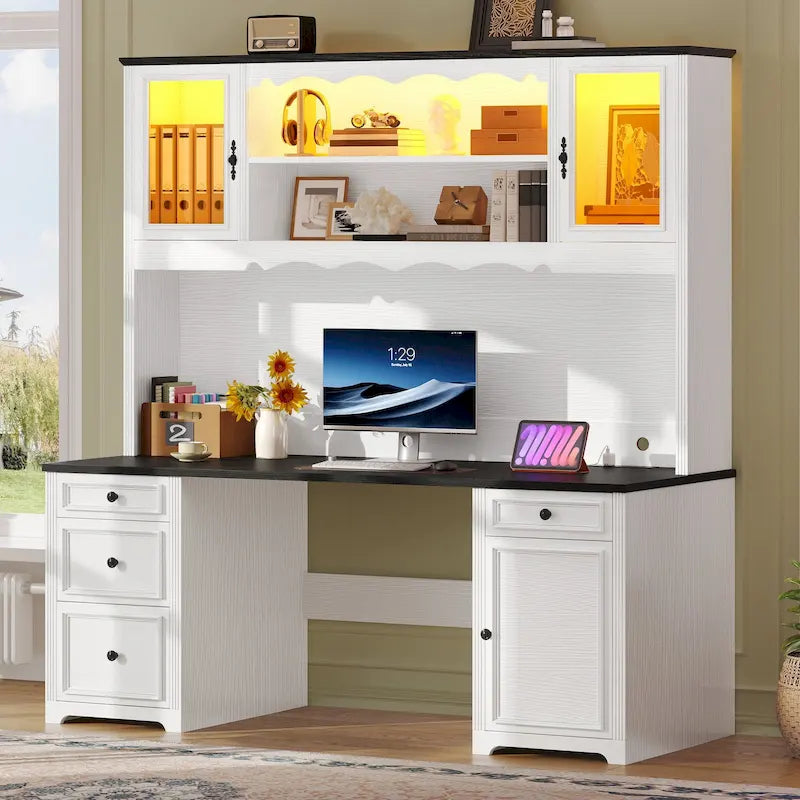 Bureau de direction avec LED et tiroirs Moasis Farmhouse pour ordinateur et rangement