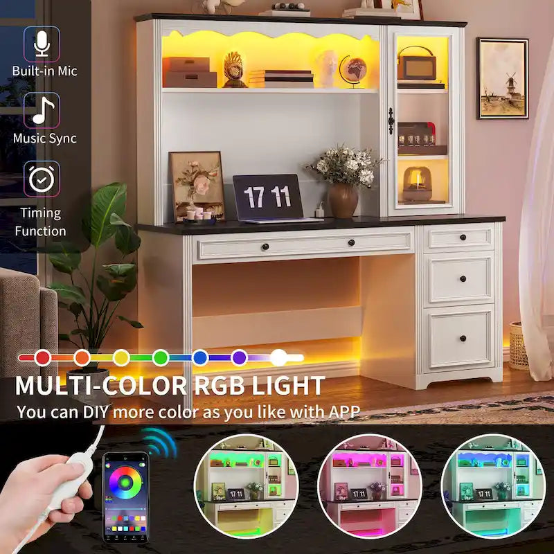 Bureau de direction avec LED et tiroirs Moasis Farmhouse pour ordinateur et rangement