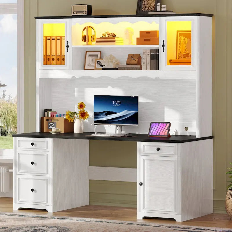 Bureau de direction avec LED et tiroirs Moasis Farmhouse pour ordinateur et rangement
