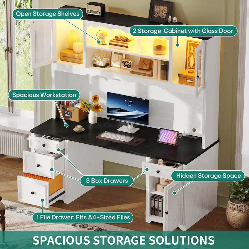 Bureau de direction avec LED et tiroirs Moasis Farmhouse pour ordinateur et rangement