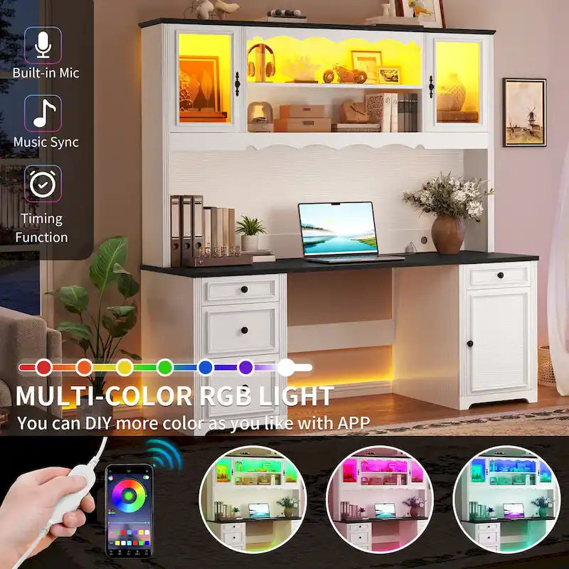 Bureau de direction avec LED et tiroirs Moasis Farmhouse pour ordinateur et rangement