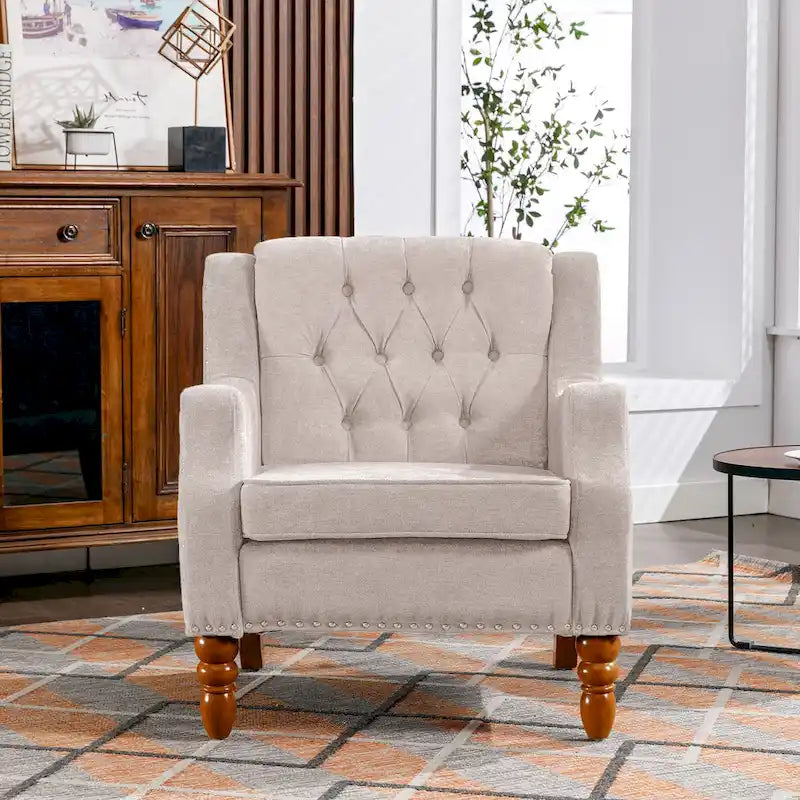 Fauteuil d'appoint en lin avec pieds en bois massif, fauteuil de salon individuel de style moderne du milieu du siècle pour le salon et la chambre à coucher