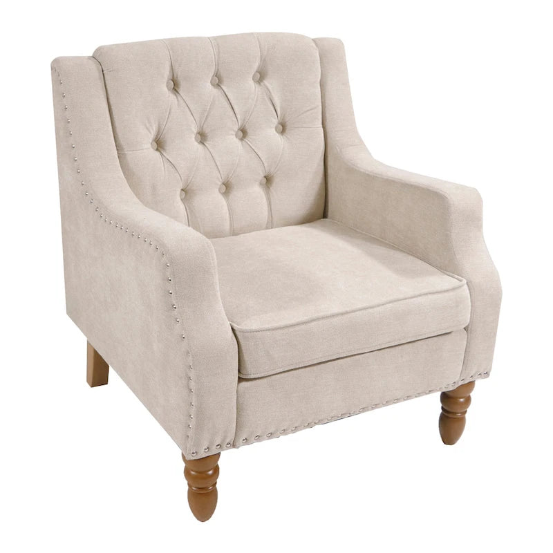 Fauteuil d'appoint en lin avec pieds en bois massif, fauteuil de salon individuel de style moderne du milieu du siècle pour le salon et la chambre à coucher