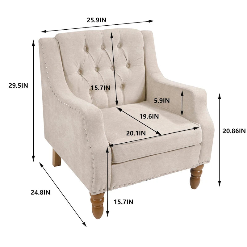 Fauteuil d'appoint en lin avec pieds en bois massif, fauteuil de salon individuel de style moderne du milieu du siècle pour le salon et la chambre à coucher