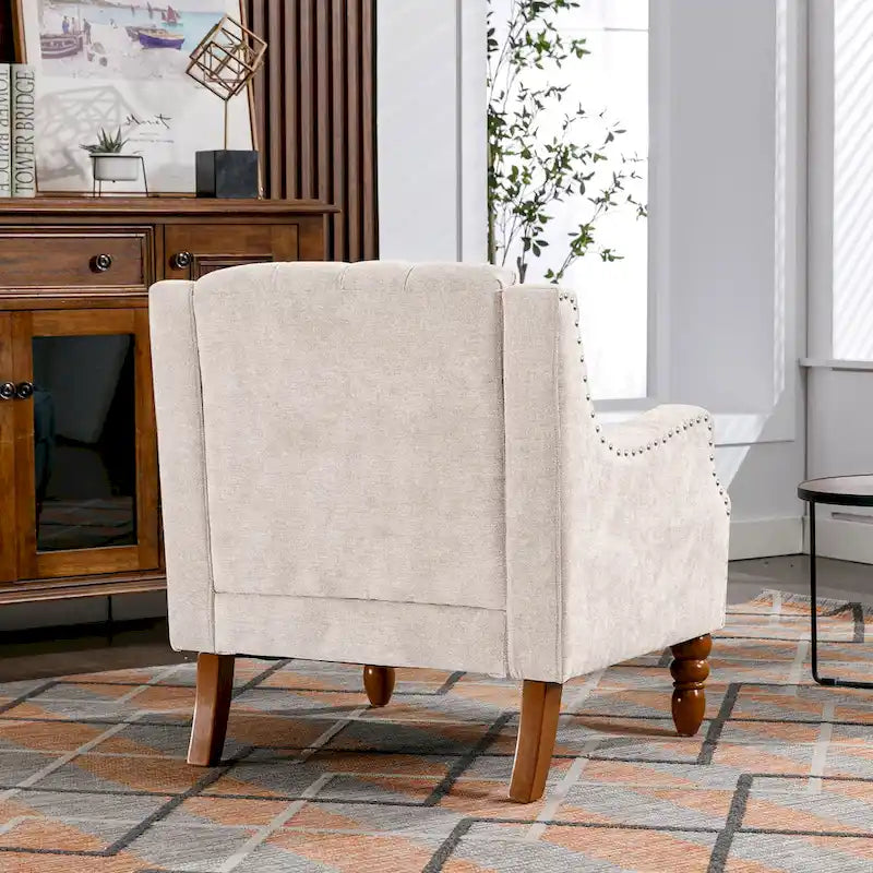 Fauteuil d'appoint en lin avec pieds en bois massif, fauteuil de salon individuel de style moderne du milieu du siècle pour le salon et la chambre à coucher