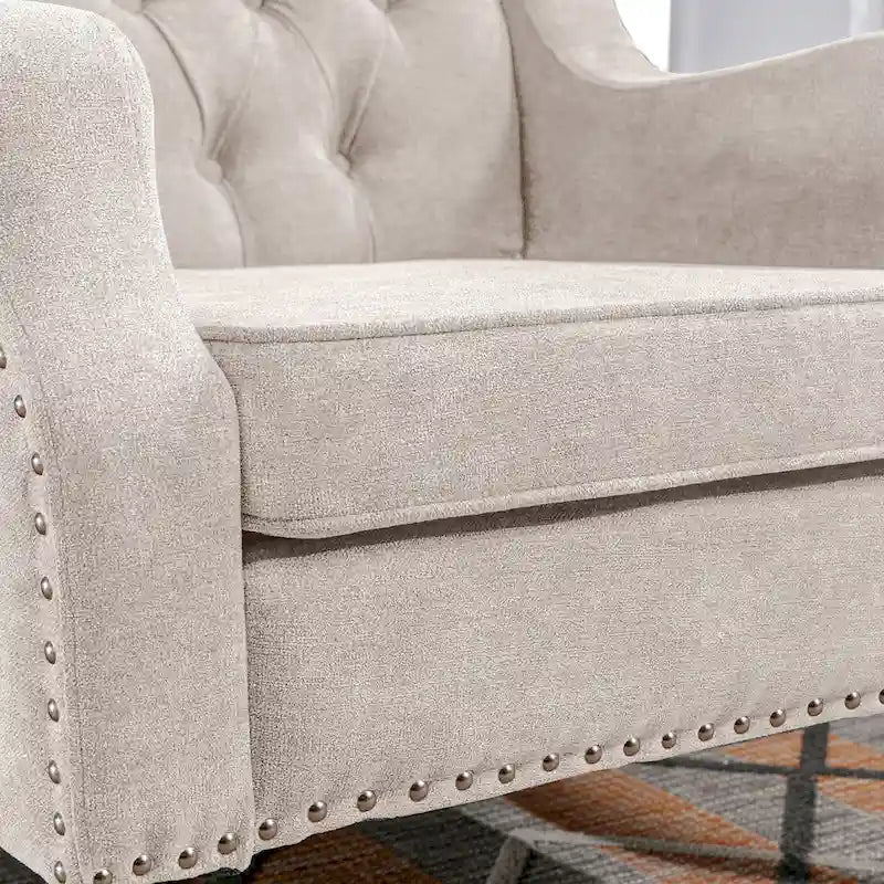 Fauteuil d'appoint en lin avec pieds en bois massif, fauteuil de salon individuel de style moderne du milieu du siècle pour le salon et la chambre à coucher