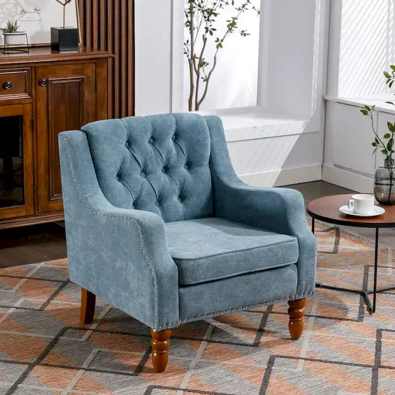 Fauteuil d'appoint en lin avec pieds en bois massif, fauteuil de salon individuel de style moderne du milieu du siècle pour le salon et la chambre à coucher