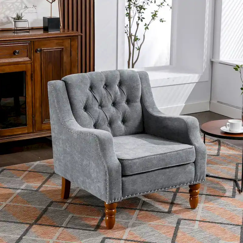Fauteuil d'appoint en lin avec pieds en bois massif, fauteuil de salon individuel de style moderne du milieu du siècle pour le salon et la chambre à coucher