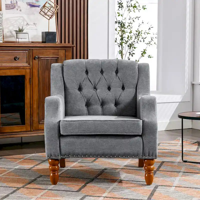 Fauteuil d'appoint en lin avec pieds en bois massif, fauteuil de salon individuel de style moderne du milieu du siècle pour le salon et la chambre à coucher