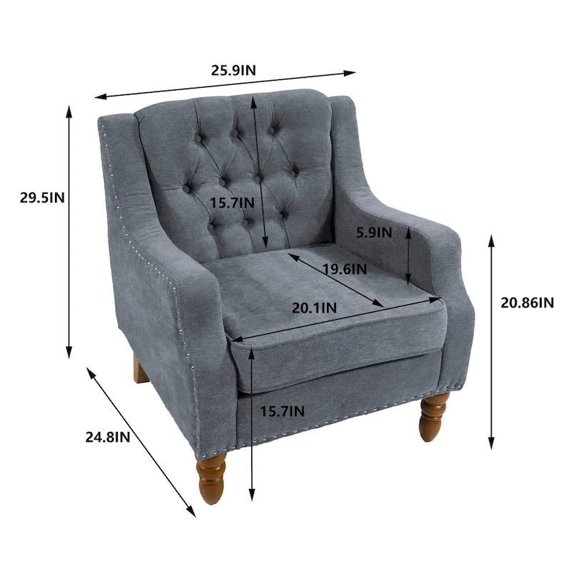 Fauteuil d'appoint en lin avec pieds en bois massif, fauteuil de salon individuel de style moderne du milieu du siècle pour le salon et la chambre à coucher