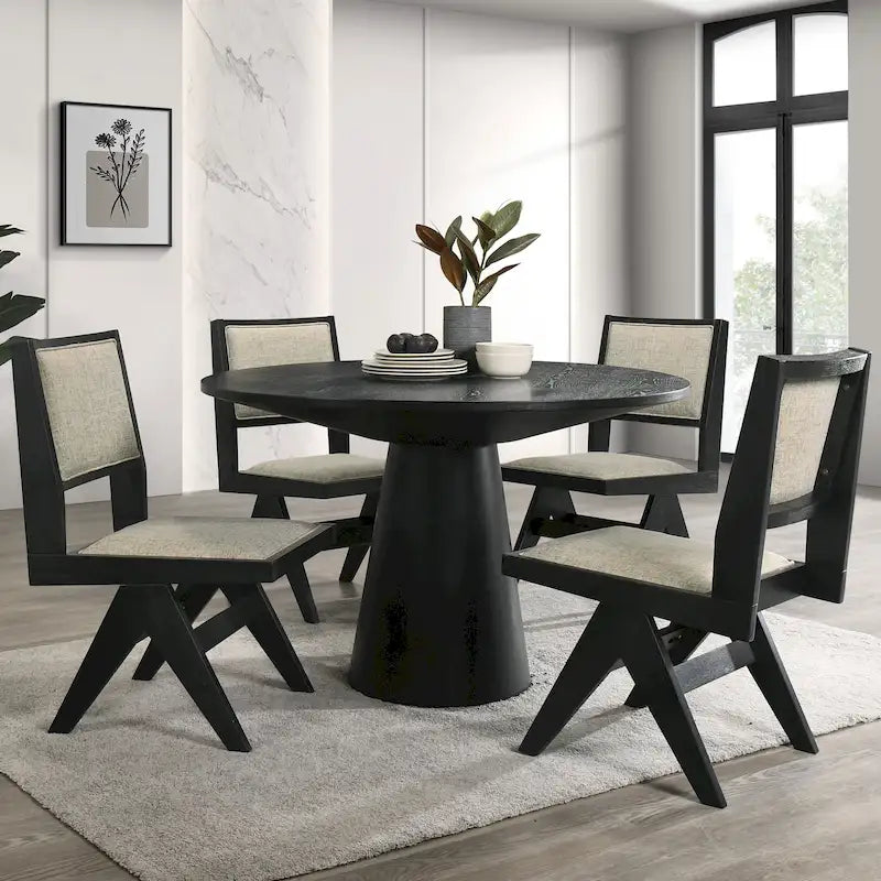 Ensemble de salle à manger rond moderne 5 pièces Evrena en bois massif noir de 48 pouces de Furniture of America