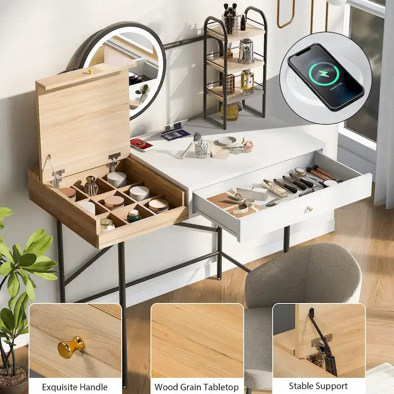 Coiffeuse moderne avec miroir et station de recharge sans fil