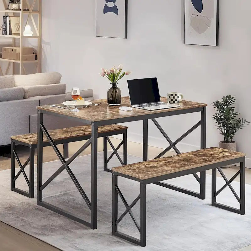 44.3 Dining Table with Benches Kitchen Table set for 4 Rectangular Dining Room Table Set with 2 Metal Wood Benches