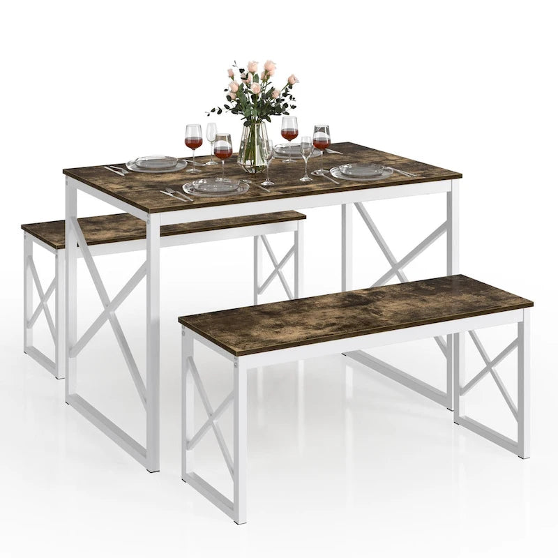 44.3 Ensemble Table à Manger avec Bancs Table de Cuisine pour 4 Ensemble de Table de Salle à Manger Rectangulaire avec 2 Bancs en Bois et Métal