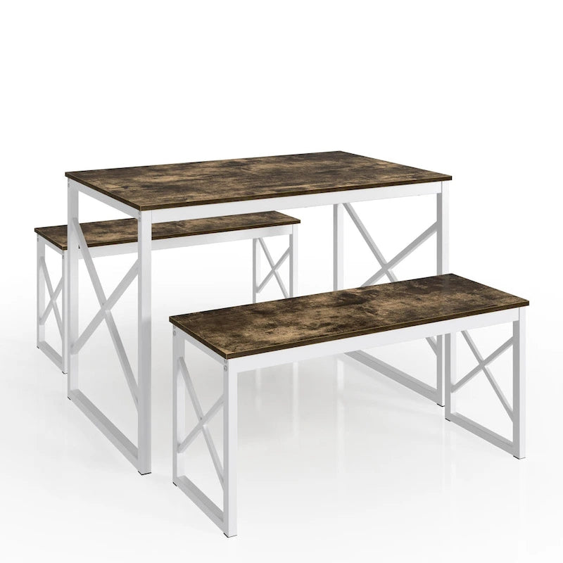 44.3 Ensemble Table à Manger avec Bancs Table de Cuisine pour 4 Ensemble de Table de Salle à Manger Rectangulaire avec 2 Bancs en Bois et Métal