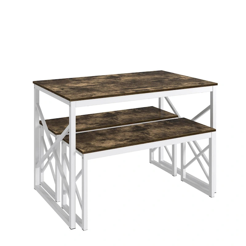 44.3 Ensemble Table à Manger avec Bancs Table de Cuisine pour 4 Ensemble de Table de Salle à Manger Rectangulaire avec 2 Bancs en Bois et Métal