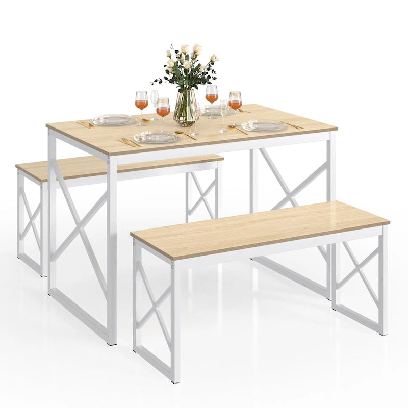 44.3 Ensemble Table à Manger avec Bancs Table de Cuisine pour 4 Ensemble de Table de Salle à Manger Rectangulaire avec 2 Bancs en Bois et Métal