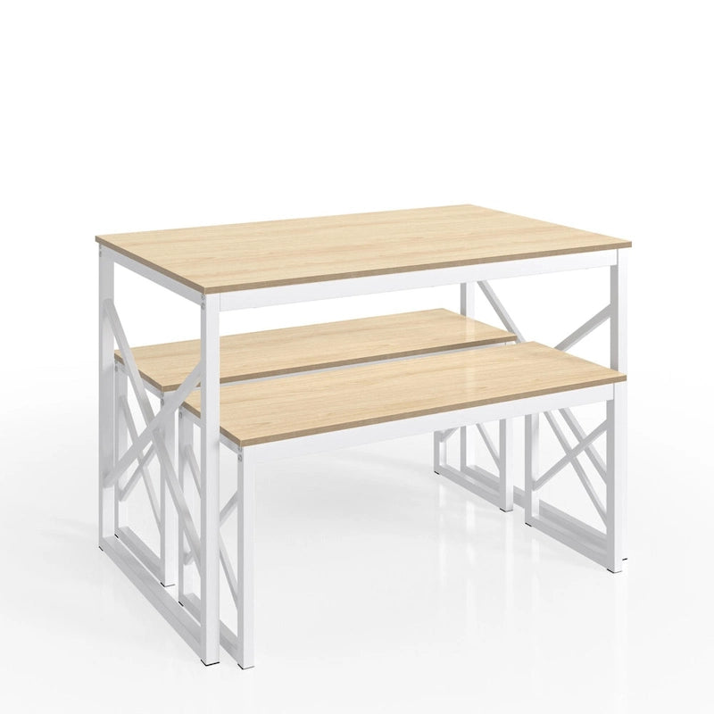 44.3 Ensemble Table à Manger avec Bancs Table de Cuisine pour 4 Ensemble de Table de Salle à Manger Rectangulaire avec 2 Bancs en Bois et Métal