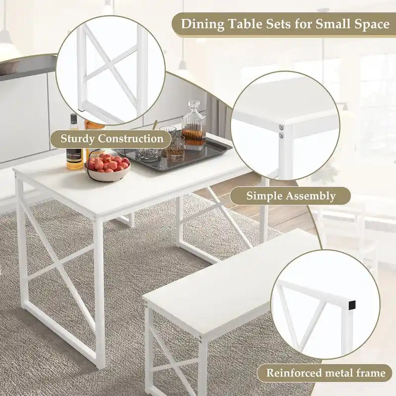 44.3 Ensemble Table à Manger avec Bancs Table de Cuisine pour 4 Ensemble de Table de Salle à Manger Rectangulaire avec 2 Bancs en Bois et Métal