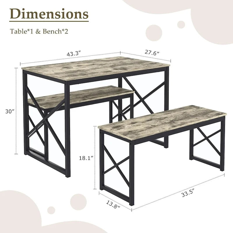 44.3 Ensemble Table à Manger avec Bancs Table de Cuisine pour 4 Ensemble de Table de Salle à Manger Rectangulaire avec 2 Bancs en Bois et Métal
