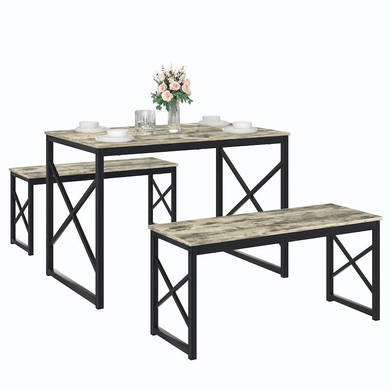 44.3 Ensemble Table à Manger avec Bancs Table de Cuisine pour 4 Ensemble de Table de Salle à Manger Rectangulaire avec 2 Bancs en Bois et Métal