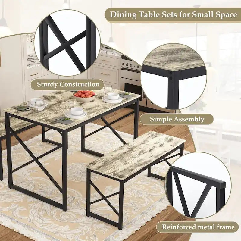 44.3 Ensemble Table à Manger avec Bancs Table de Cuisine pour 4 Ensemble de Table de Salle à Manger Rectangulaire avec 2 Bancs en Bois et Métal