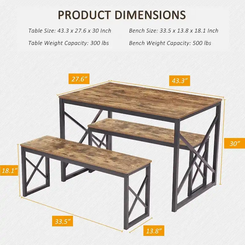 44.3 Ensemble Table à Manger avec Bancs Table de Cuisine pour 4 Ensemble de Table de Salle à Manger Rectangulaire avec 2 Bancs en Bois et Métal