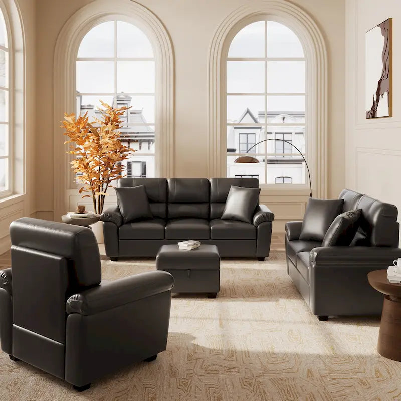 Ensemble de salon rembourré, 4 pièces - Fauteuil en similicuir, causeuse, canapé avec pouf