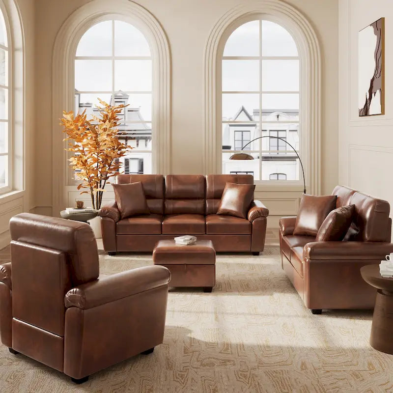 Ensemble de salon rembourré, 4 pièces - Fauteuil en similicuir, causeuse, canapé avec pouf