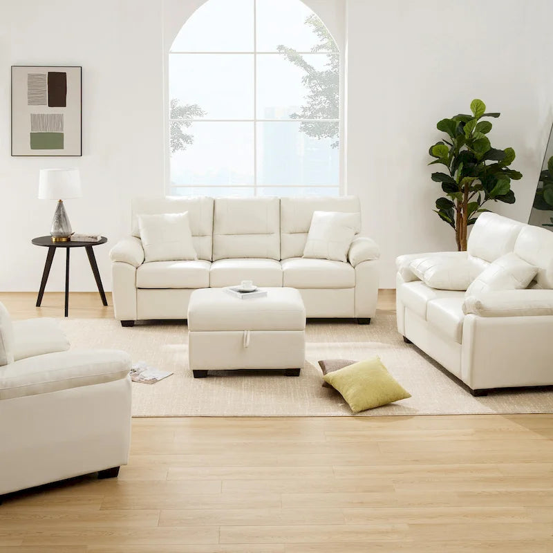 Ensemble de salon rembourré, 4 pièces - Fauteuil en similicuir, causeuse, canapé avec pouf