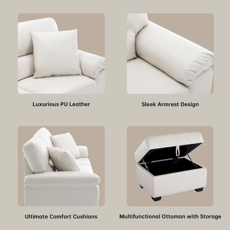 Ensemble de salon rembourré, 4 pièces - Fauteuil en similicuir, causeuse, canapé avec pouf
