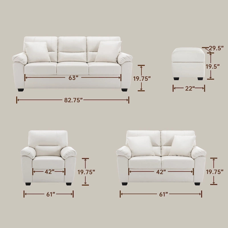 Ensemble de salon rembourré, 4 pièces - Fauteuil en similicuir, causeuse, canapé avec pouf
