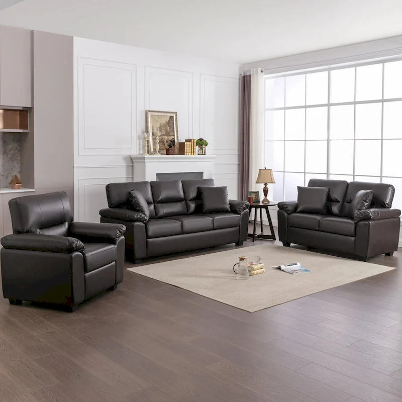 Ensemble de salon rembourré, 4 pièces - Fauteuil en similicuir, causeuse, canapé avec pouf