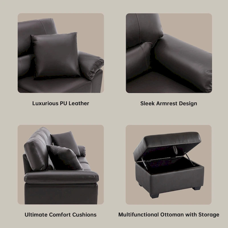 Ensemble de salon rembourré, 4 pièces - Fauteuil en similicuir, causeuse, canapé avec pouf