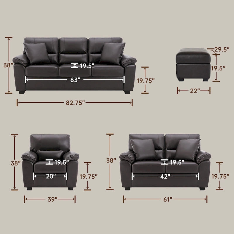 Ensemble de salon rembourré, 4 pièces - Fauteuil en similicuir, causeuse, canapé avec pouf