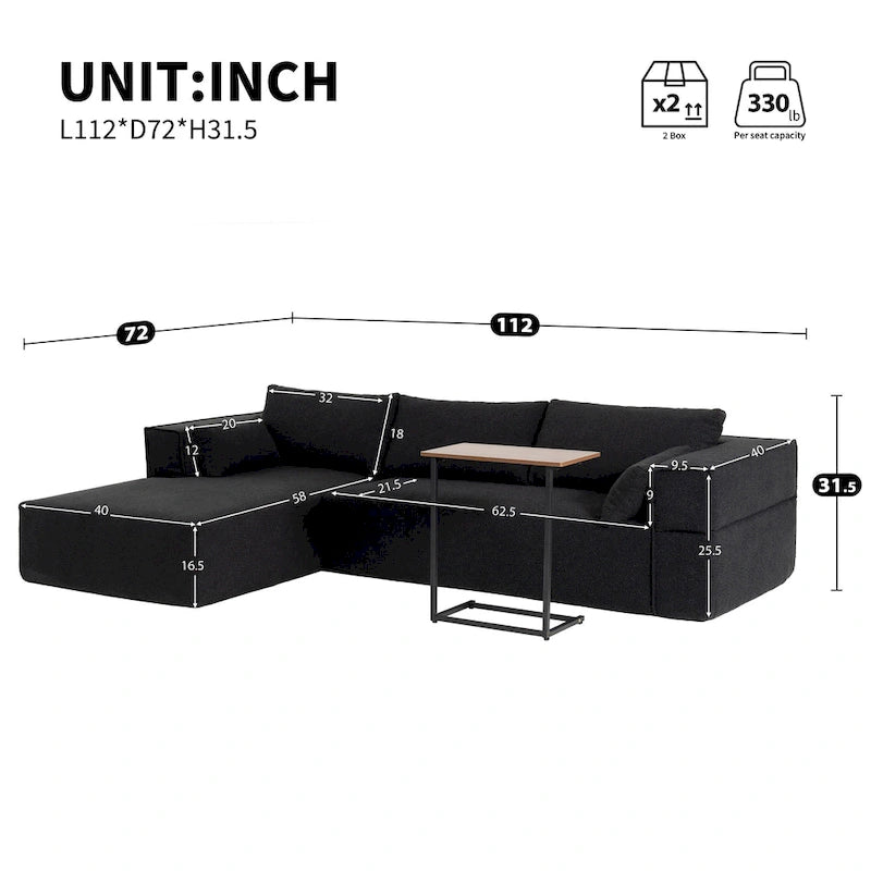 Canapé d'angle modulaire en L avec table d'appoint, méridienne, assise large