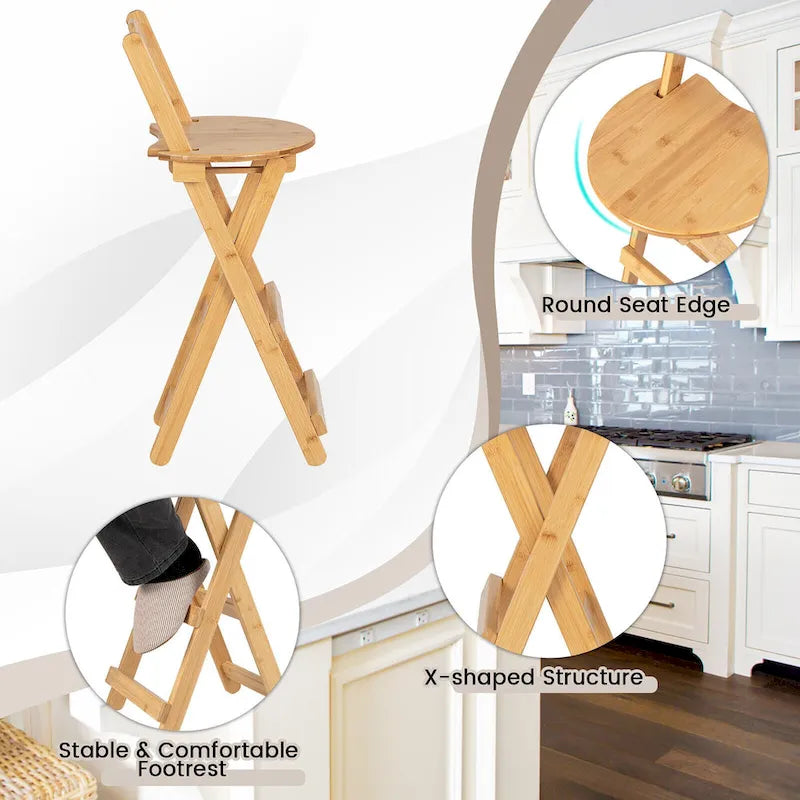 Gymax Lot de 2 tabourets de bar pliants en bambou, chaises de salle à manger hauteur comptoir