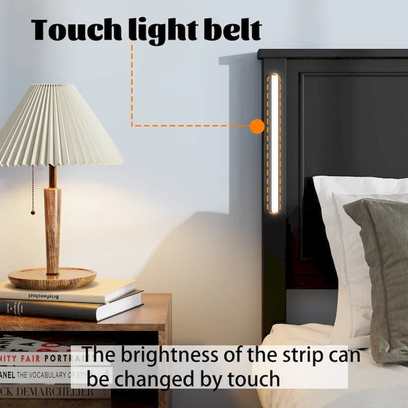 Lit plateforme grand format avec tête de lit en bois et chargeur