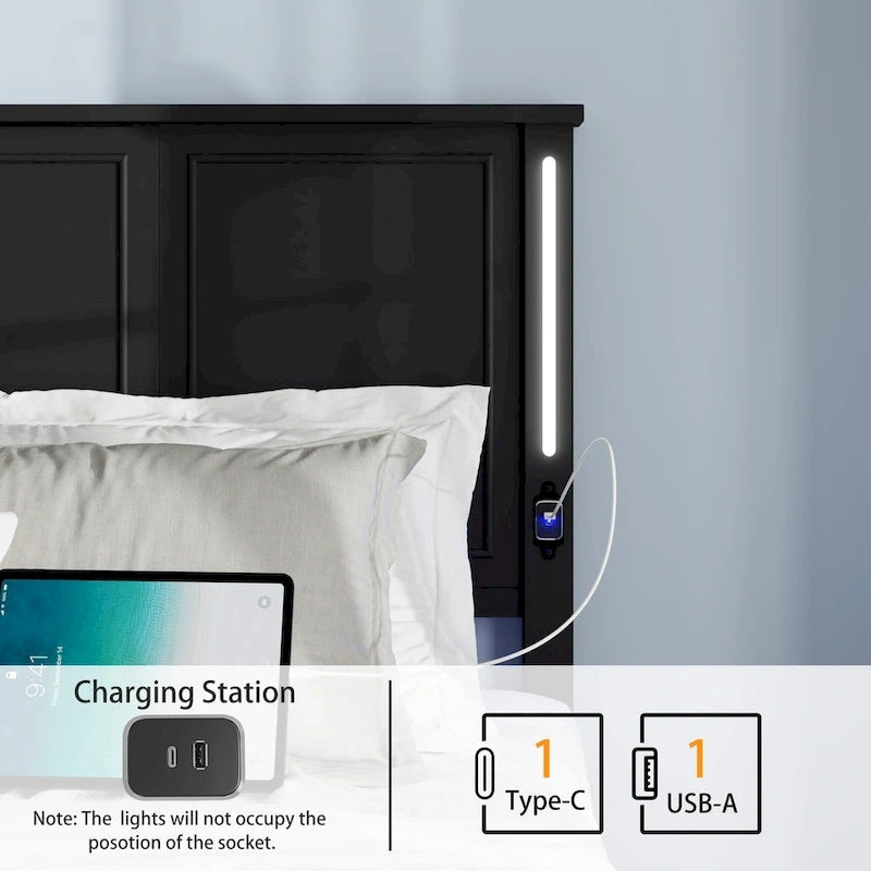 Lit plateforme grand format avec tête de lit en bois et chargeur