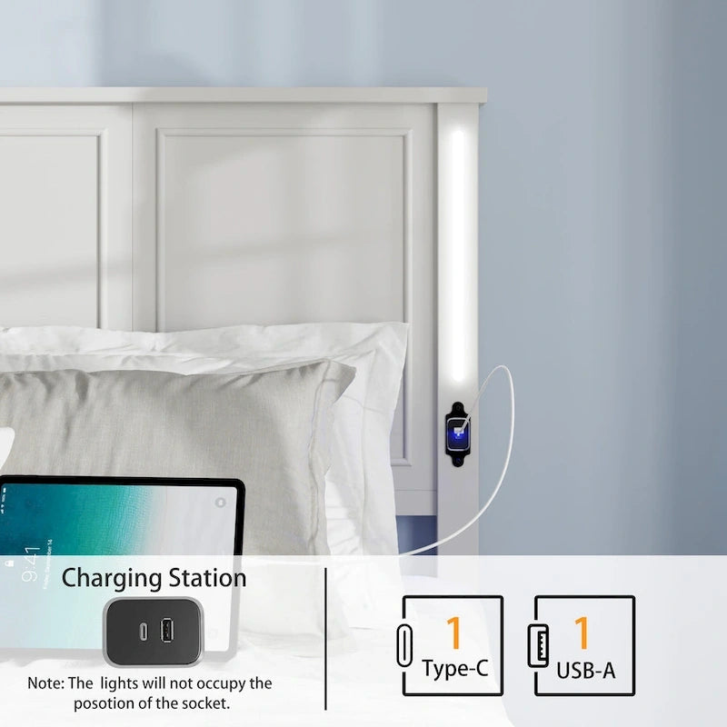 Lit plateforme grand format avec tête de lit en bois et chargeur