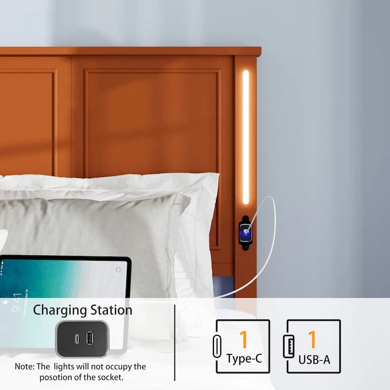 Lit plateforme grand format avec tête de lit en bois et chargeur