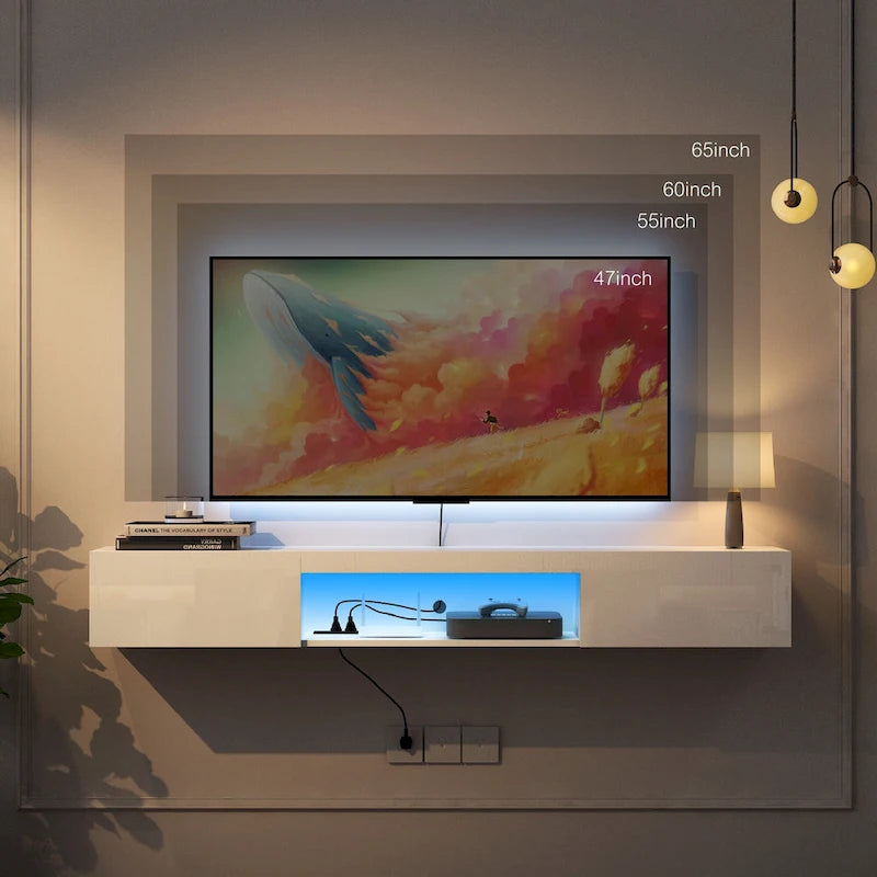 Meuble TV flottant blanc de 63 pouces avec rangement, lumières LED et prise de courant pour téléviseurs jusqu'à 60 pouces