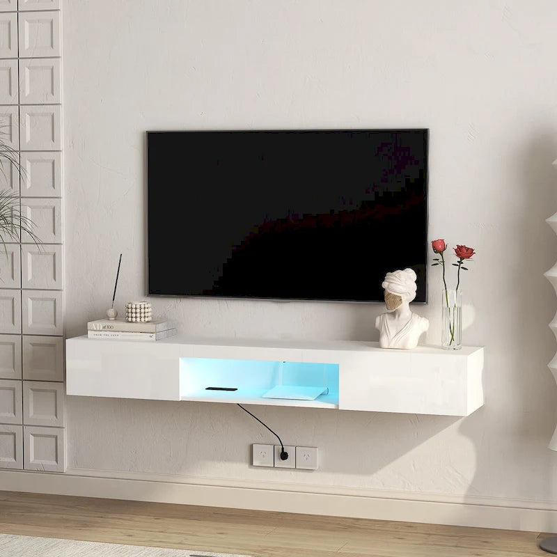 Meuble TV flottant blanc de 63 pouces avec rangement, lumières LED et prise de courant pour téléviseurs jusqu'à 60 pouces