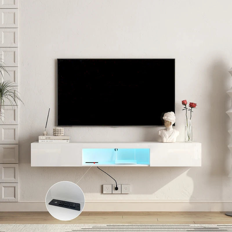 Meuble TV flottant blanc de 63 pouces avec rangement, lumières LED et prise de courant pour téléviseurs jusqu'à 60 pouces