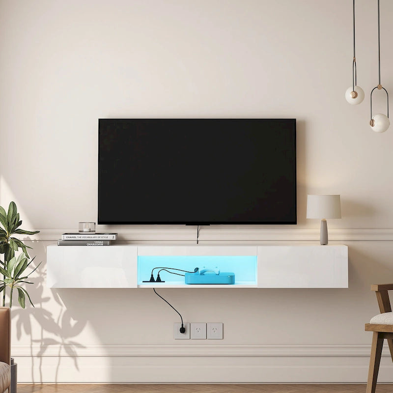Meuble TV flottant blanc de 63 pouces avec rangement, lumières LED et prise de courant pour téléviseurs jusqu'à 60 pouces