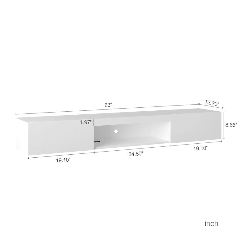 Meuble TV flottant blanc de 63 pouces avec rangement, lumières LED et prise de courant pour téléviseurs jusqu'à 60 pouces