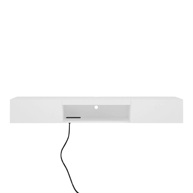 Meuble TV flottant blanc de 63 pouces avec rangement, lumières LED et prise de courant pour téléviseurs jusqu'à 60 pouces