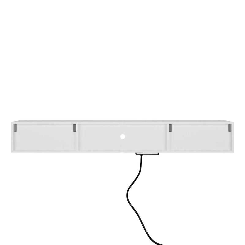 Meuble TV flottant blanc de 63 pouces avec rangement, lumières LED et prise de courant pour téléviseurs jusqu'à 60 pouces
