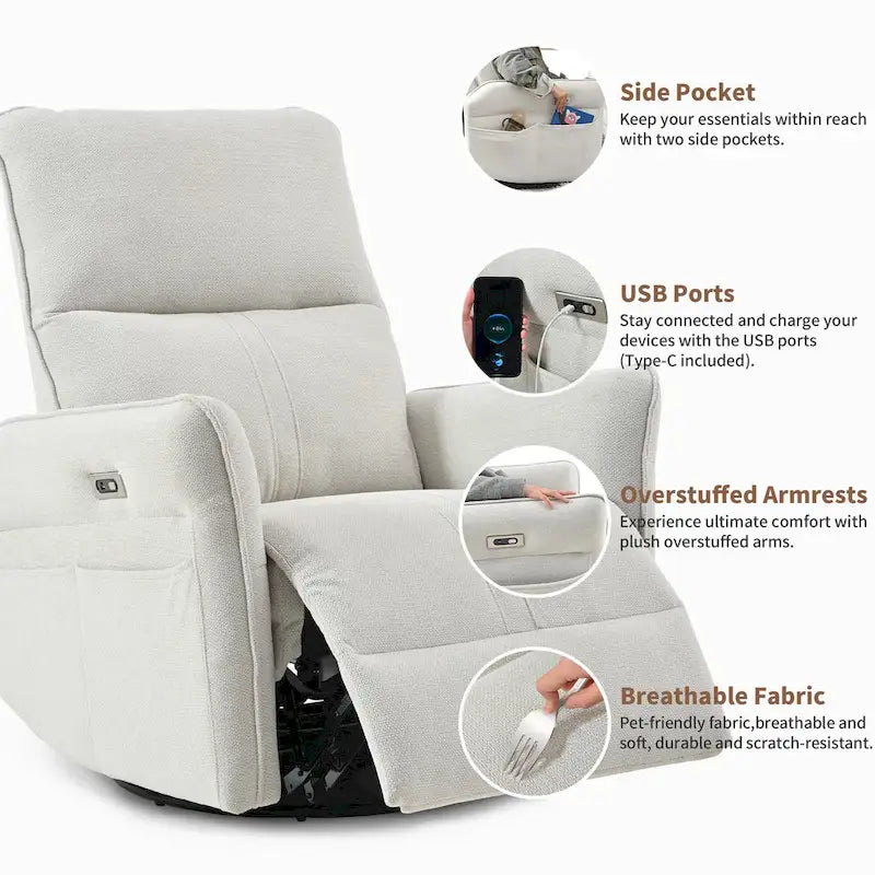 Fauteuil inclinable électrique pivotant 270° avec ports USB
