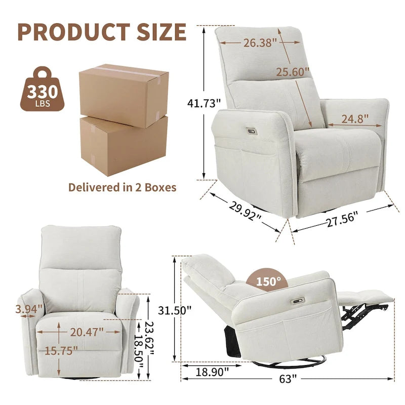 Fauteuil inclinable électrique pivotant 270° avec ports USB